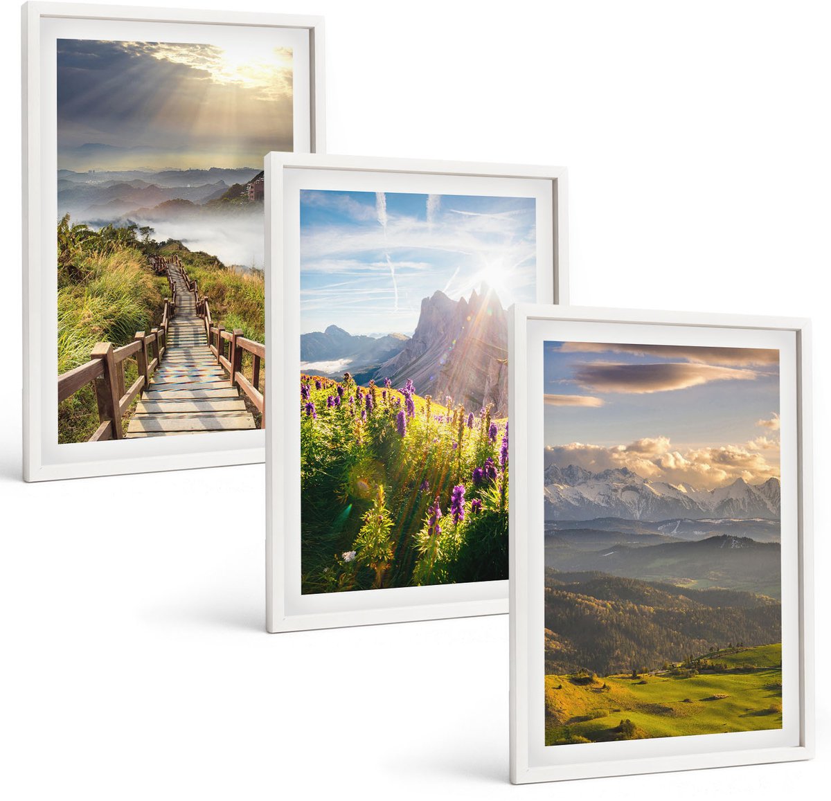 Wallfluent 3-Delige Schilderij Set - Berglandschappen Met Bloemen, Lucht En Pad. - 40 x 60 - Wanddecoratie - Muurdecoratie - Moderne Interieurdecoratie - Moderne Wanddecoratie