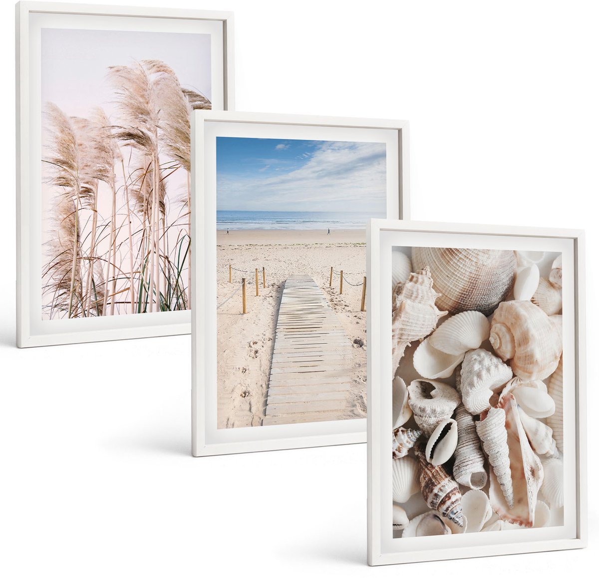 Wallfluent 3-Delige Schilderij Set - Zandstrand Met Schelpen En Zeegras - 40 x 60 - Muurdecoratie - Wanddecoratie - Hal - Woonkamer Decoratie