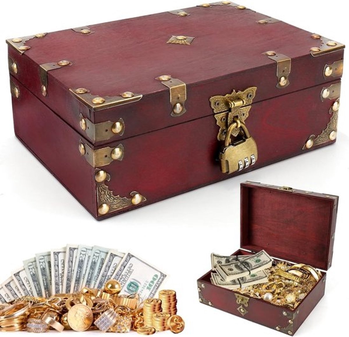 Houten Schatkist met Cijferslot - Decoratieve Opbergdoos voor Kinderen en Sieraden