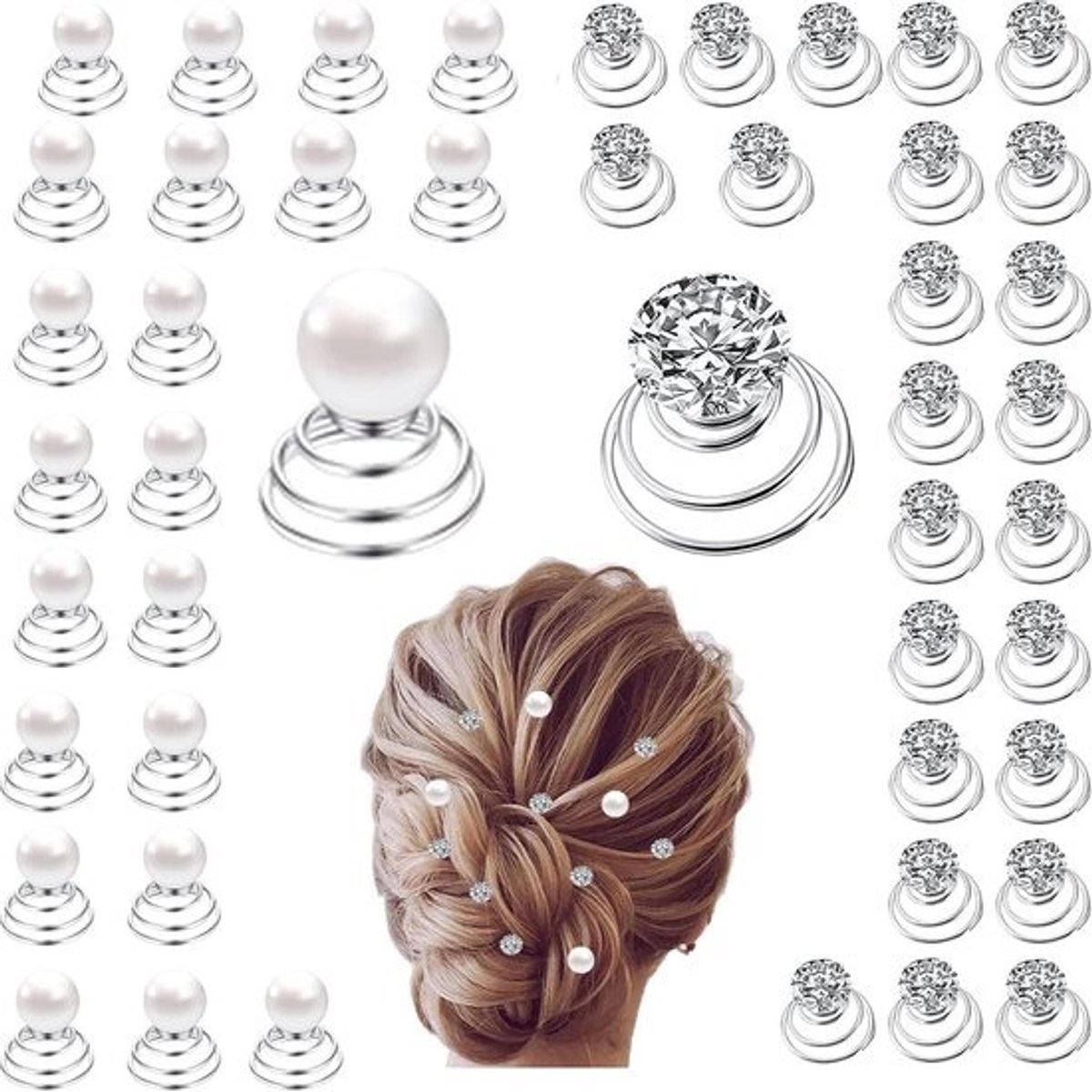 50x Kristallen Spiraal Haarspelden Bruid Strass Steentjes Zilveren Coil Haar Accessoires