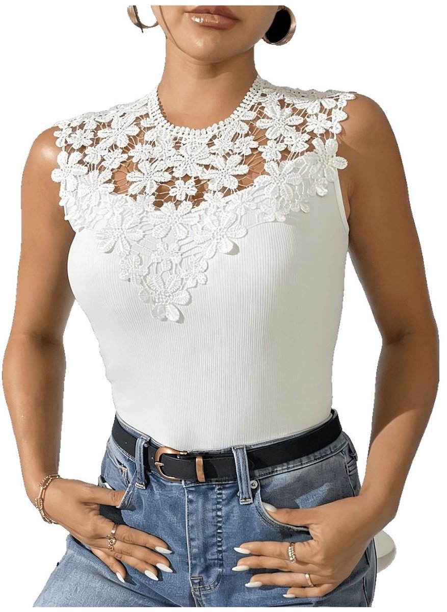 Currero Top Met Kant Dames - Topje - Kleding - Shirt - Blouse - Kort - Volwassen - Wit