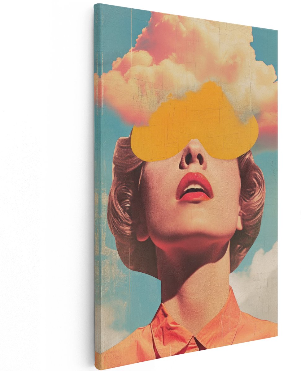 Artaza Canvas Schilderij Retro Vrouw - 120x180 cm - Groot - Wanddecoratie Vintage - Muurdecoratie Wolken - Decoratie Pop Art Lippen