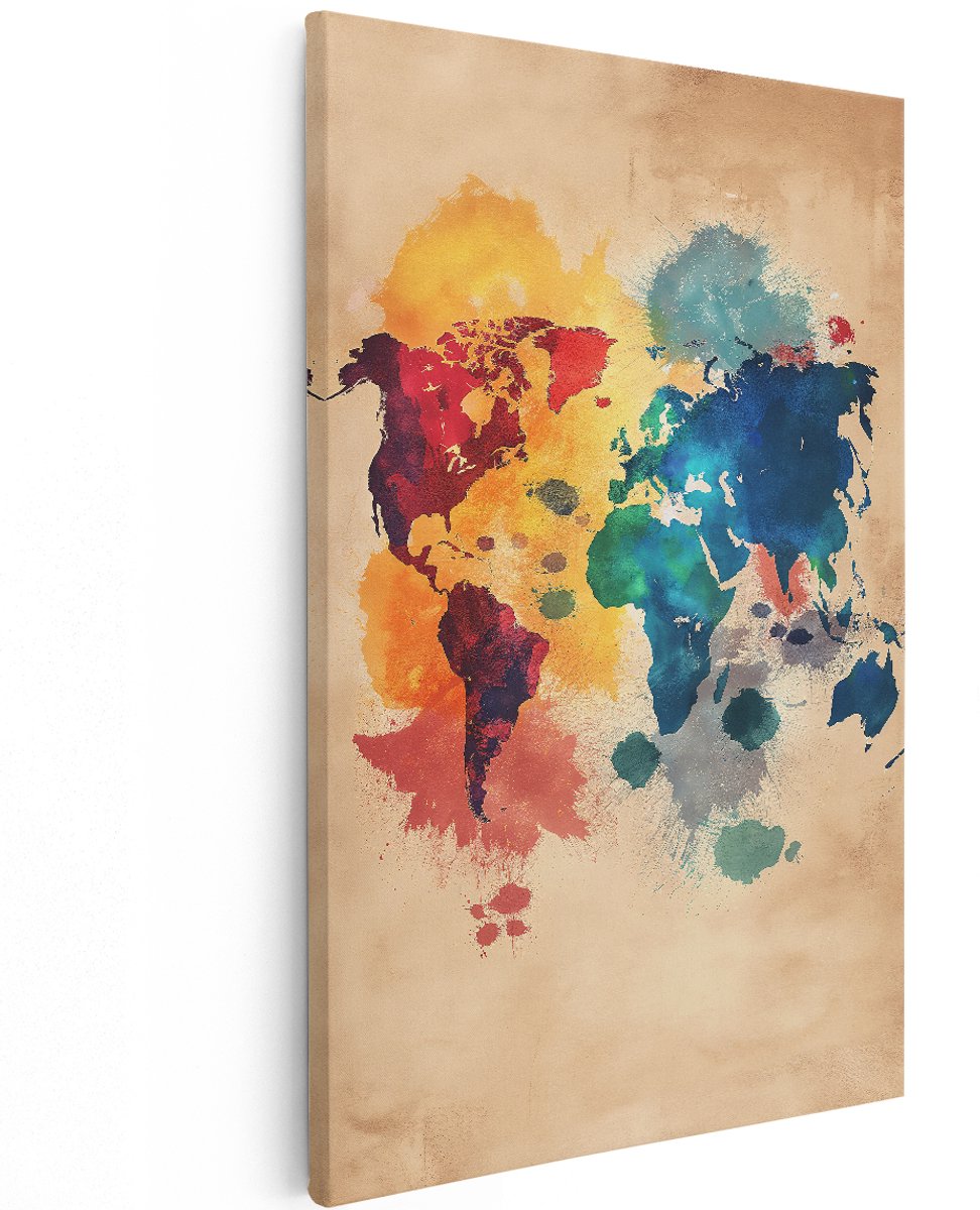 Artaza Canvas Schilderij Wereldkaart - 120x180 cm - Groot - Wanddecoratie Abstract - Muurdecoratie Kleurrijk - Decoratie Woonkamer Vintage