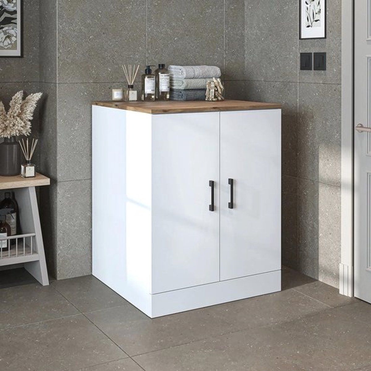 Badkamer Wasmachinekast - Wastoren en Wasmachinerek - 70 x 180 x 69 cm - Wit Eiken