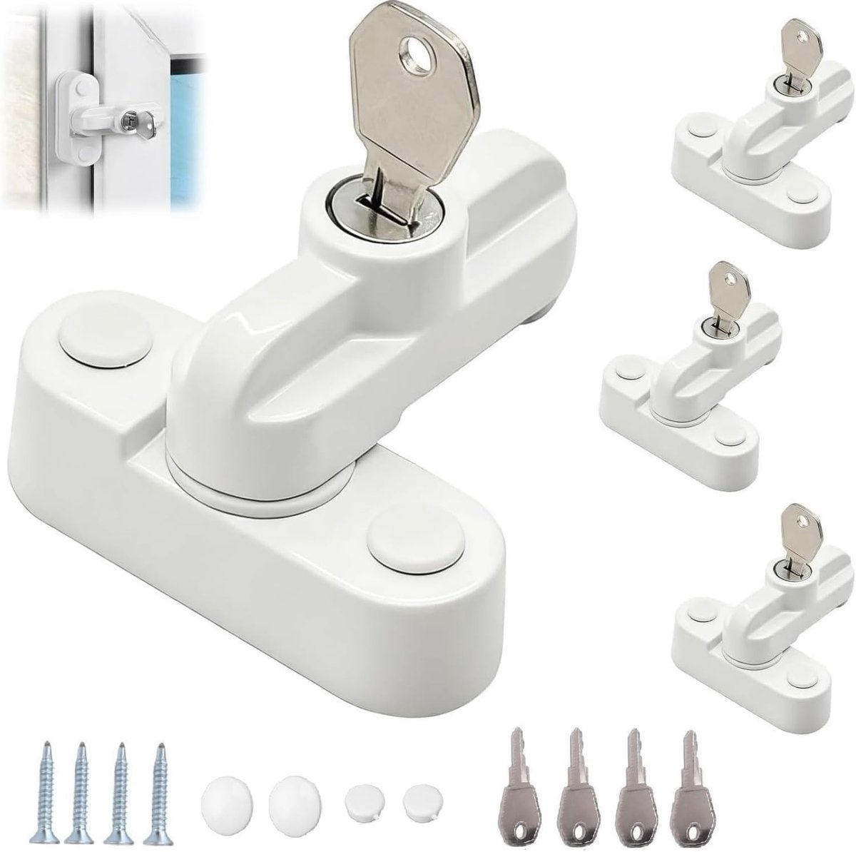 4-delige Rotatable Raamsluiting met 8 Sleutels - Witte Aluminium T-vormige Beveiligingssloten voor PVC en UPVC Deuren en Ramen, Inbraakpreventie en Veiligheid