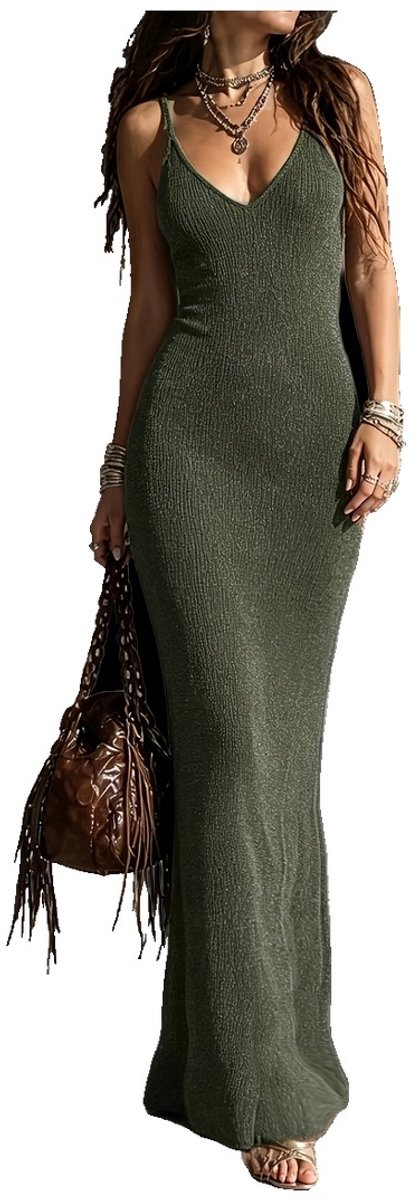 Currero Open Rug Jurk Backless Body Jurk Shirt Jurken Open Back Dress Olijfgroen