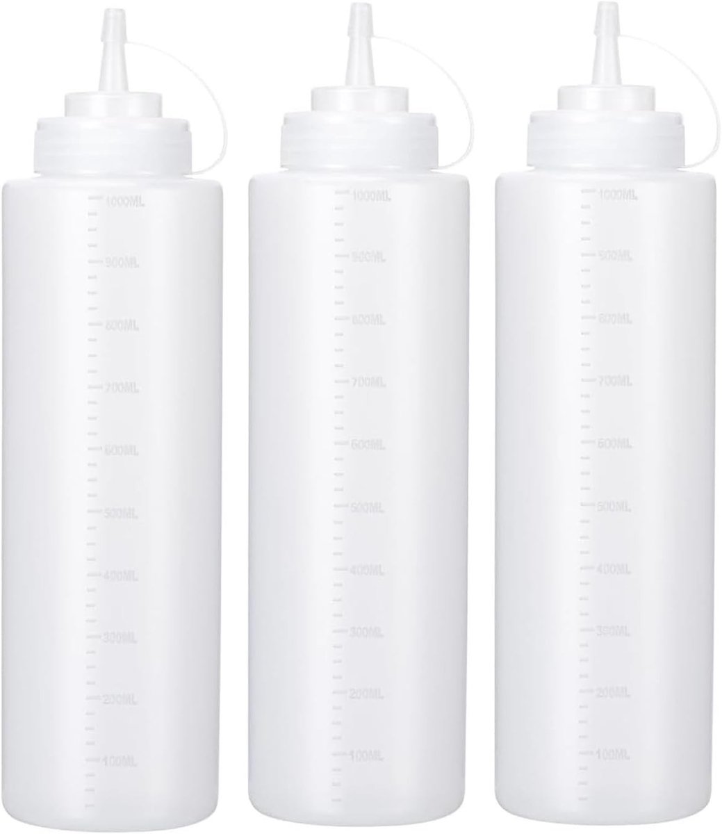 Plastic Condimentflessen - Transparant - 1000 ml - Knijpfles met Meetschaal - Voor Sauzen en Specerijen