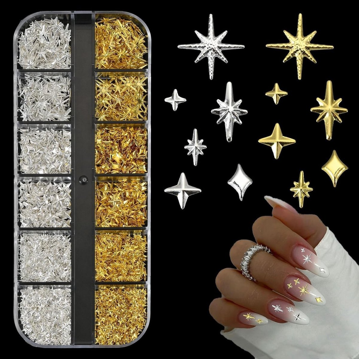 Decoratiebox voor nagels met sterren in goud en zilver, 3D nagelaccessoires voor Y2K DIY, glanzende versieringen voor dames en meisjes