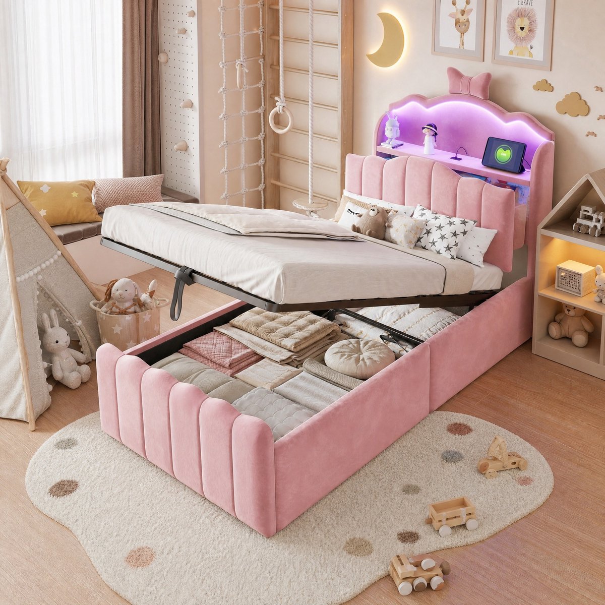 Kinderbed 90 x 200 cm Met Hydraulische Opbergruimte, Velvet, Roze, Led Verlichting En Oplaadpoorten