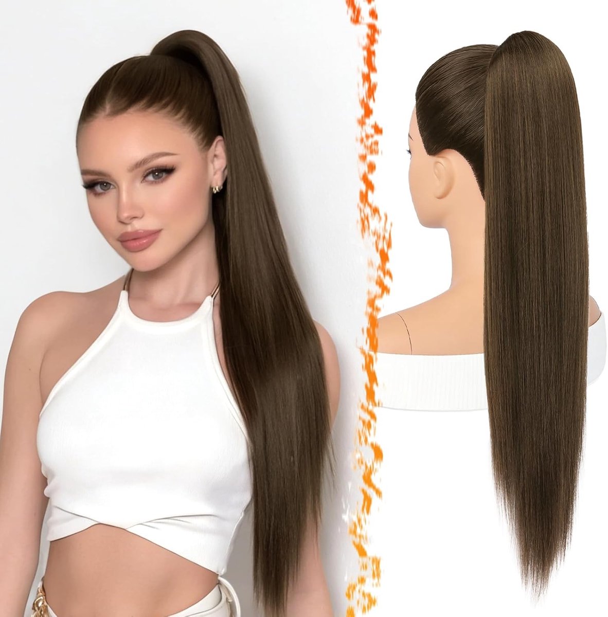 Ponytail Extensions 55cm Lang Steil Middenbruin Haar met Trekkoord - Natuurlijke Synthetische Cheer Posh Staart voor Dagelijks Gebruik en Wedstrijden