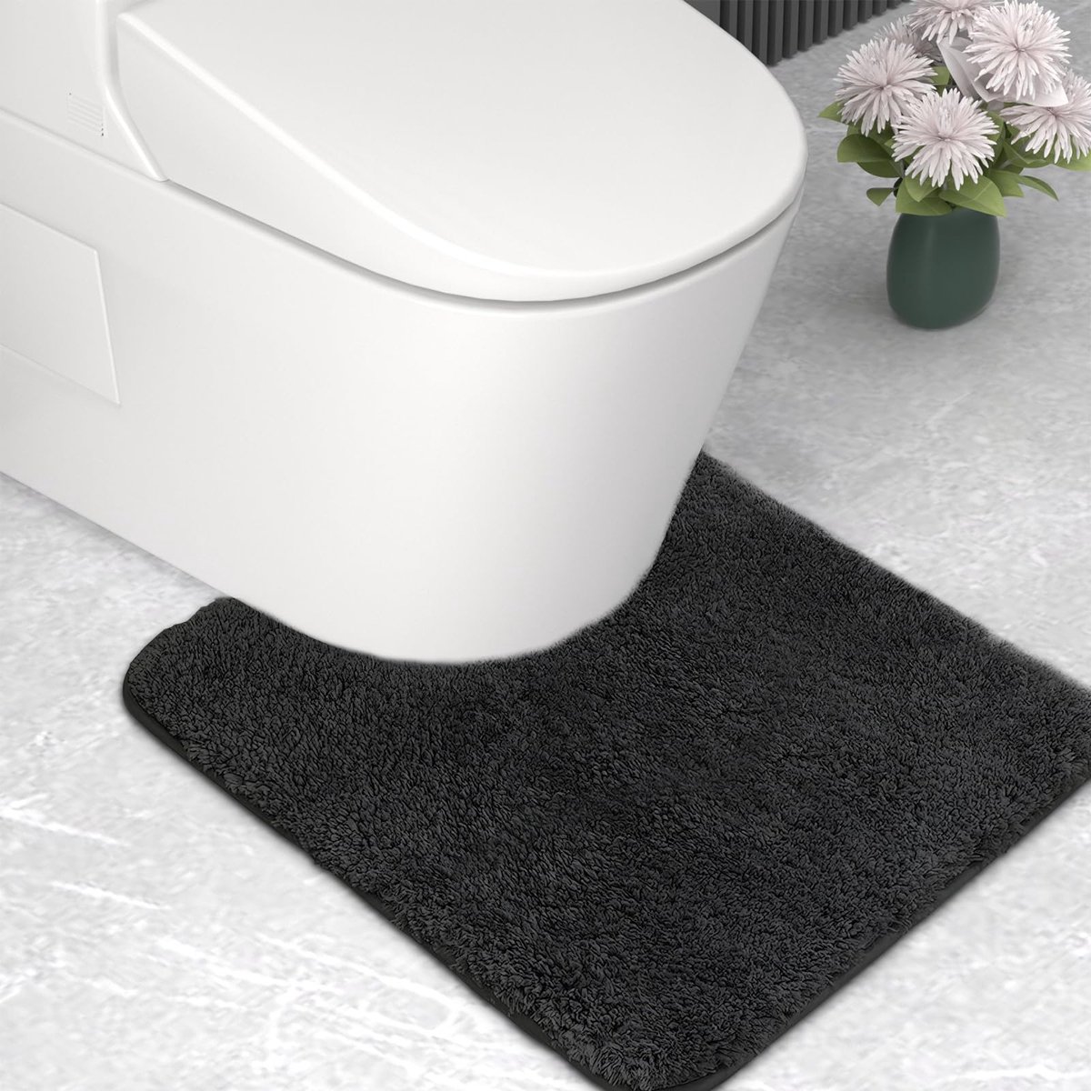 Microvezel Toiletmat - 2 cm Dik - Super Absorberend - Voor de Badkamer - Zwart - 50x50 cm U-vorm