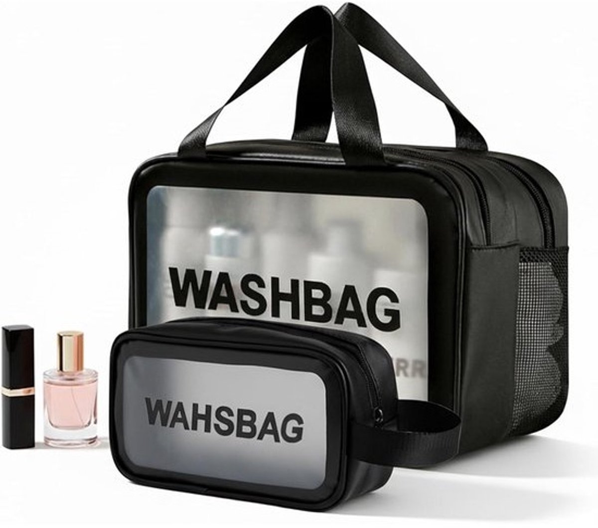 Transparante toilettas voor vrouwen met handvatten - 2 stuks - groot met nat-droog scheiding - klein zakje voor reisbenodigdheden - transparant PVC make-uptas