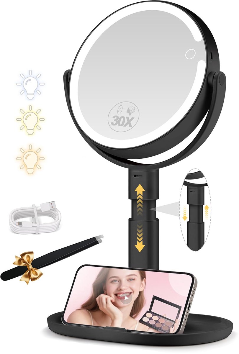 Make-up spiegel - Met verlichting en 30x vergroting - In hoogte verstelbaar, dubbelzijdig 360° draaibaar en 3 lichtkleuren - Zwart