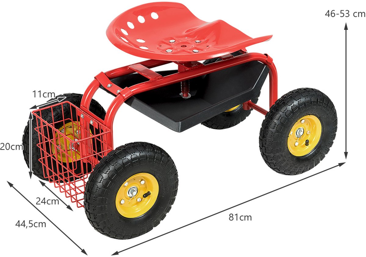 SureDeal® - Tuinier - Verrijdbare Tuinstoel - Verstelbare Hoogte Tuintrolley - Draaibare Zitting Beklede - 81x44,5x46 cm - Rood