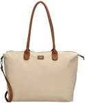 Grote beige tas met bruine hengsels en een afneembare schouderband. Op de tas een subtiel patroon van witte stippen en een logo.