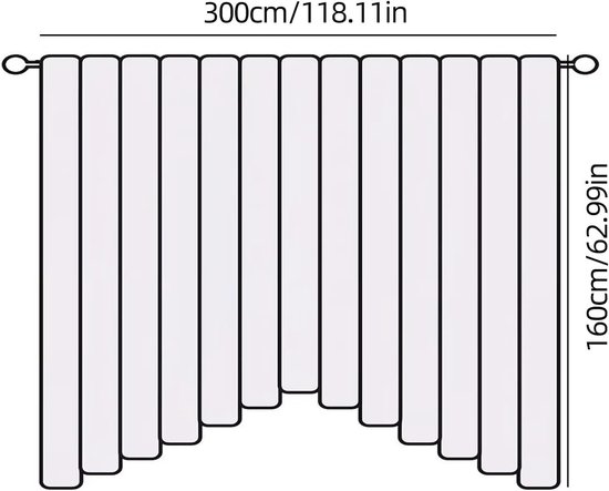 Diagram van een wit gordijn van 300cm breed en 160cm hoog.