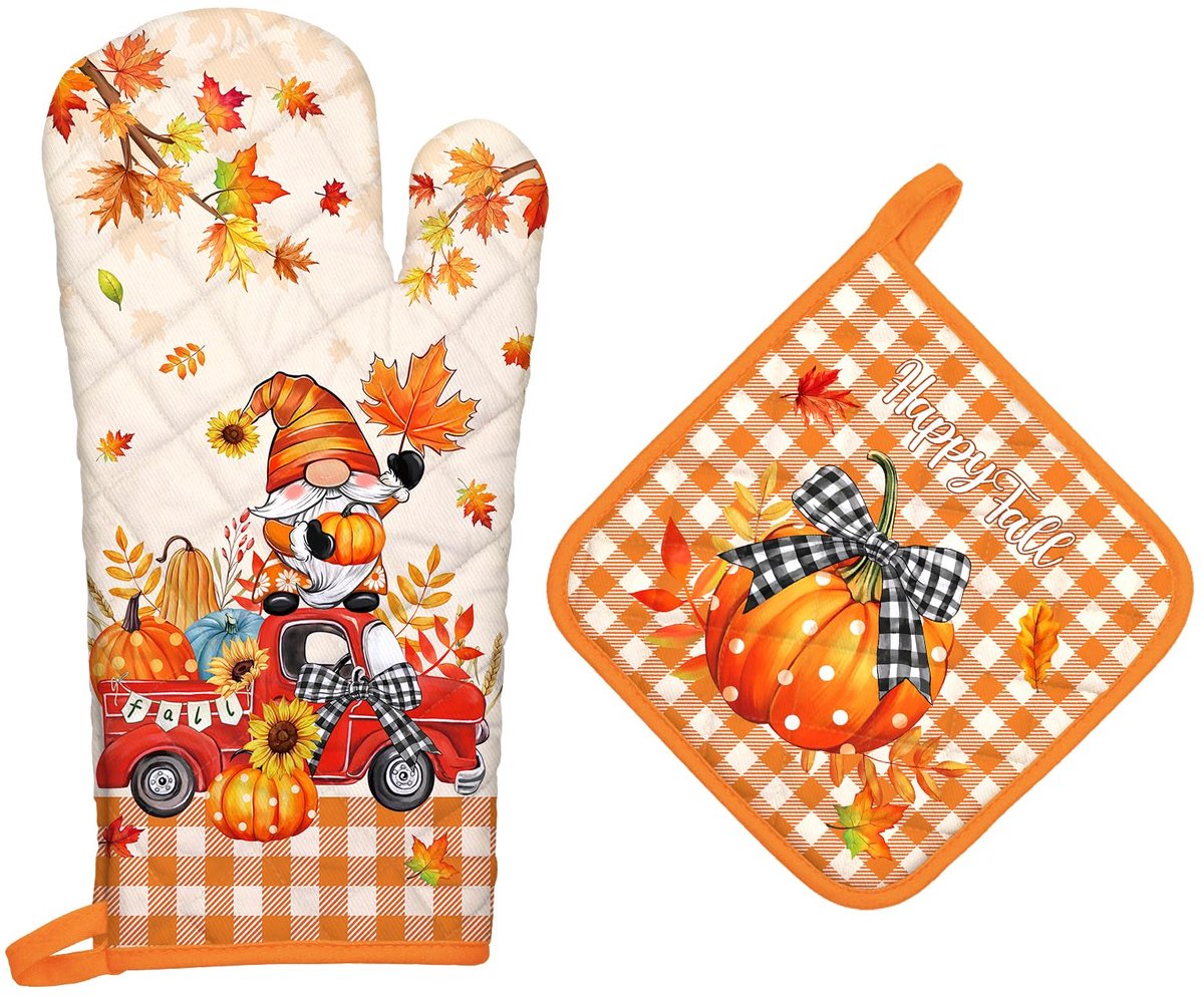 Thijox - Fall Pumpkin Gnome Ovenwanten en Pannenlappen Set - 100% Katoen, Hittebestendige Extra Lange Ovenhandschoenen en Warme Pads voor Koken, BBQ,