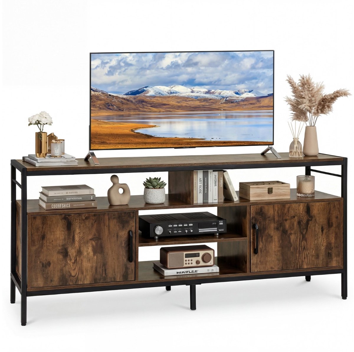 SureDeal® - TV Meubel - Kast - Inch Lowboard - Kasten - Open Planken Tafel - Verhoogde Metalen Poten - Woonkamer - 147x35x63,5 cm - Koffiebruin