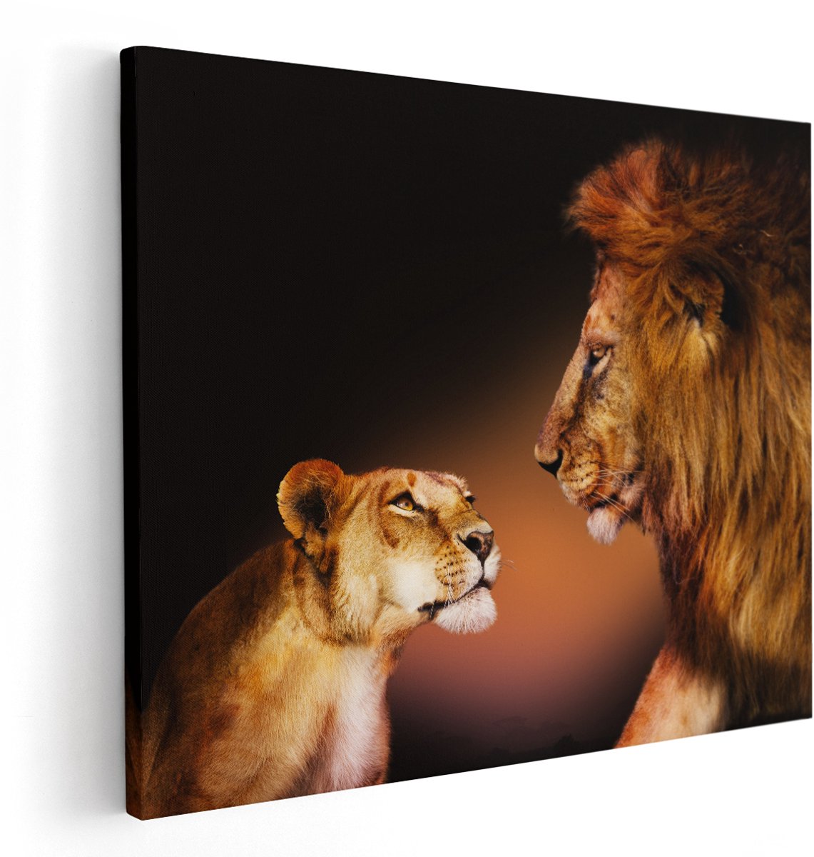 Artaza Canvas Schilderij Leeuw En Leeuwin - Kleur - 150x120 cm - Groot - Wanddecoratie Woonkamer - Schilderijen - Muurdecoratie