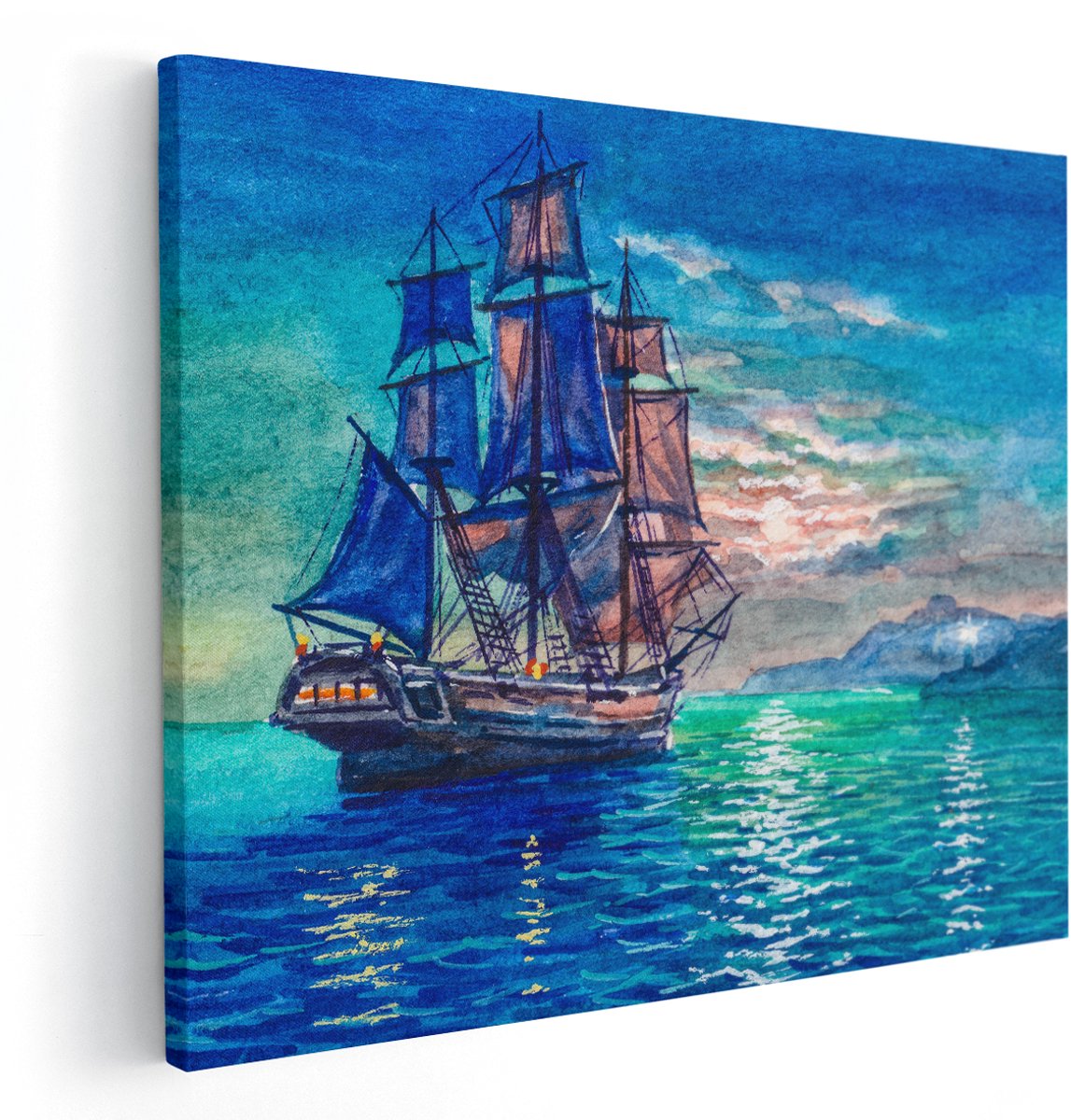Artaza Canvas Schilderij Oude Piratenschip Zeilboot Getekend - 150x120 cm - Groot - Wanddecoratie Woonkamer - Schilderijen - Muurdecoratie
