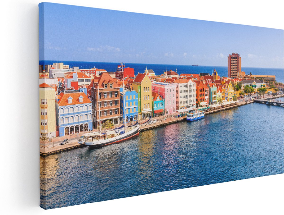 Artaza Canvas Schilderij Willemstad Centrum in Curaçao - 160x80 cm - Groot - Wanddecoratie Woonkamer - Schilderijen - Muurdecoratie