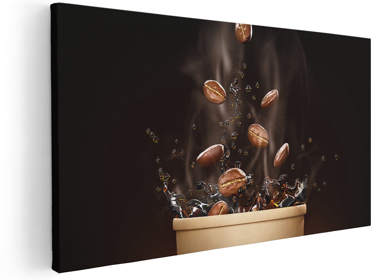 Artaza Canvas Schilderij Koffie Beker Met Koffiebonen Erin - 160x80 cm - Groot - Wanddecoratie Woonkamer - Schilderijen - Muurdecoratie