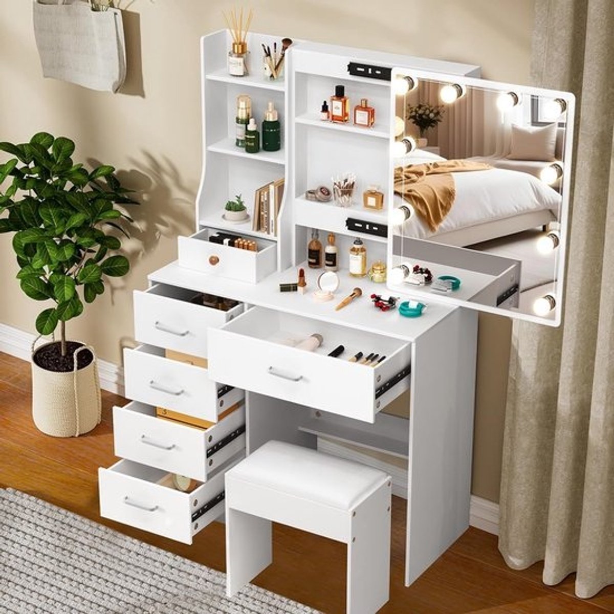 Kaptafel met Verlichting, Spiegel en Kruk - Make-up Tafel met 6 Laden en Planken
