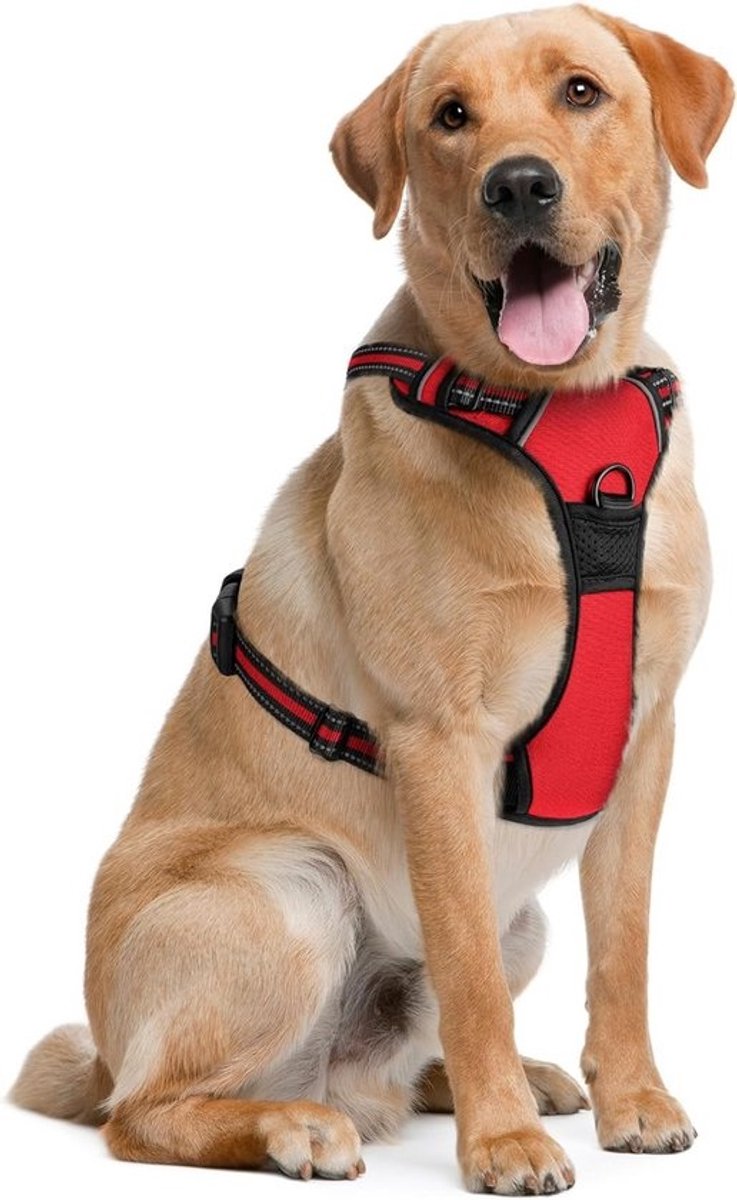 Hondentuigje voor grote honden - Extra groot, Rood - Zacht gevoerd en verstelbaar ontwerp zonder trekken Huisdiertuigje voor hardlopen en wandelen
