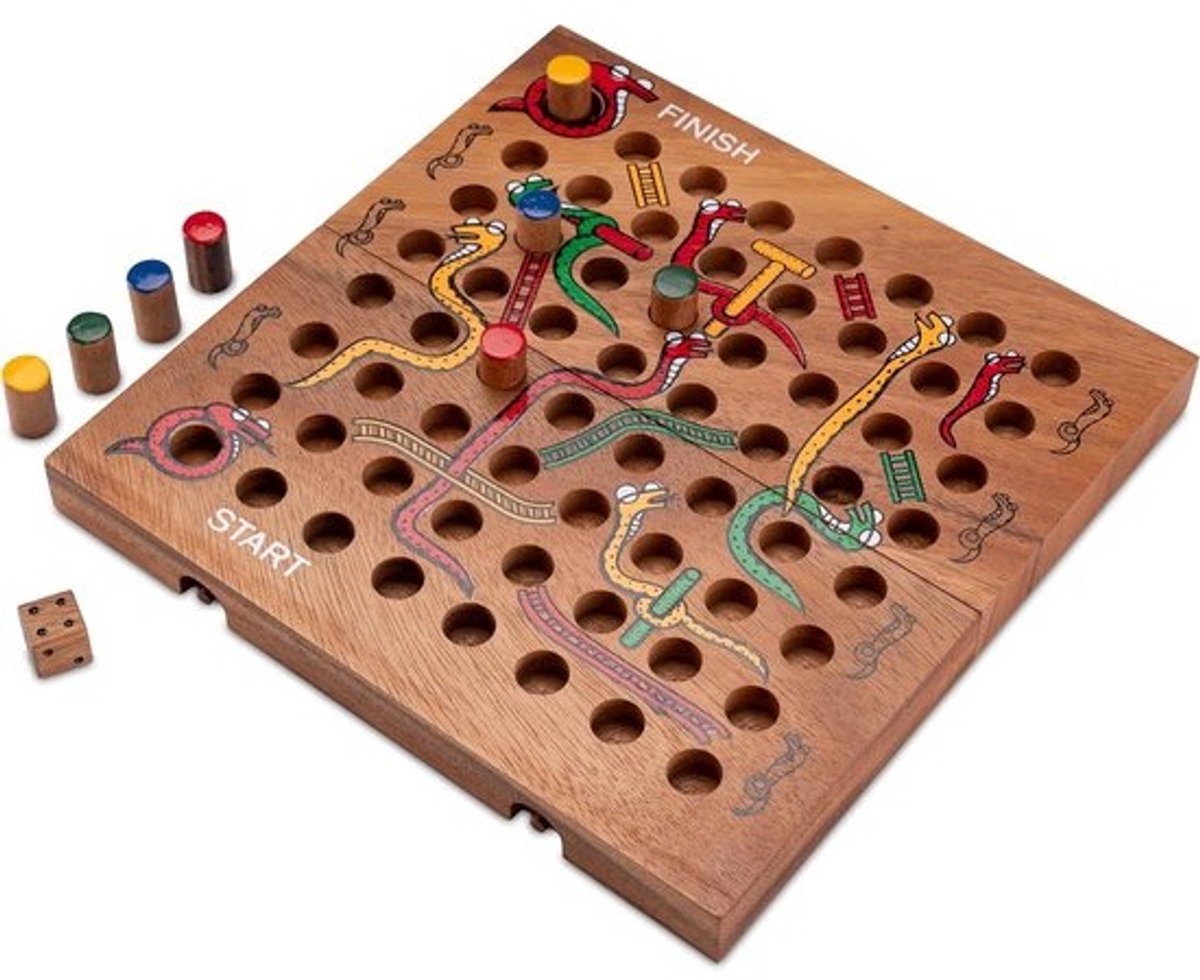 XL Houten Slangen en Ladders Spel met Inklapbaar Bord voor 2-4 Personen