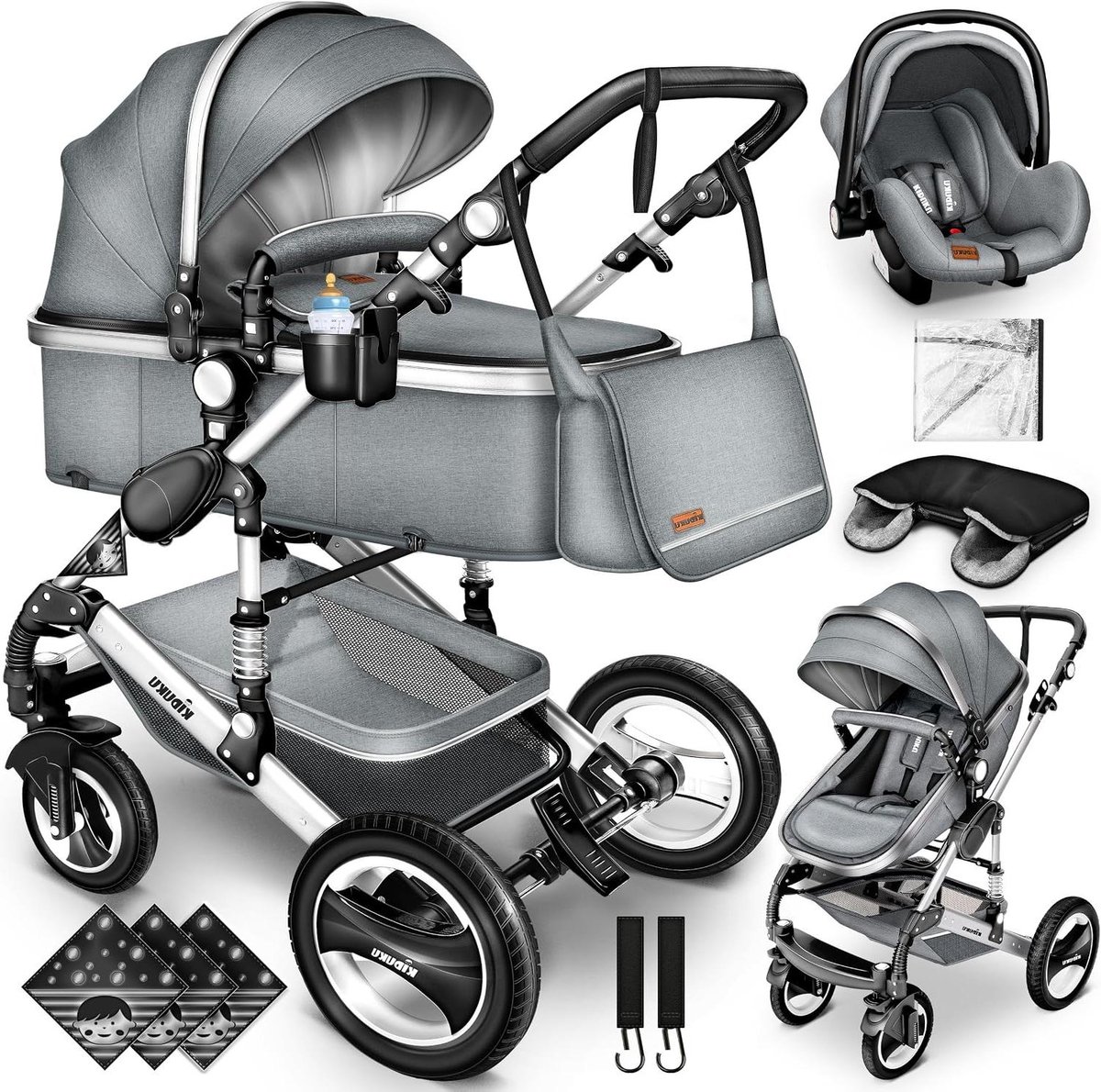 Kinderwagen Set - Combi Wandelwagen - Baby Vervoeren - 3-in-1 Functionaliteit - 87 x 65 x 112 cm - Grijs Zilver