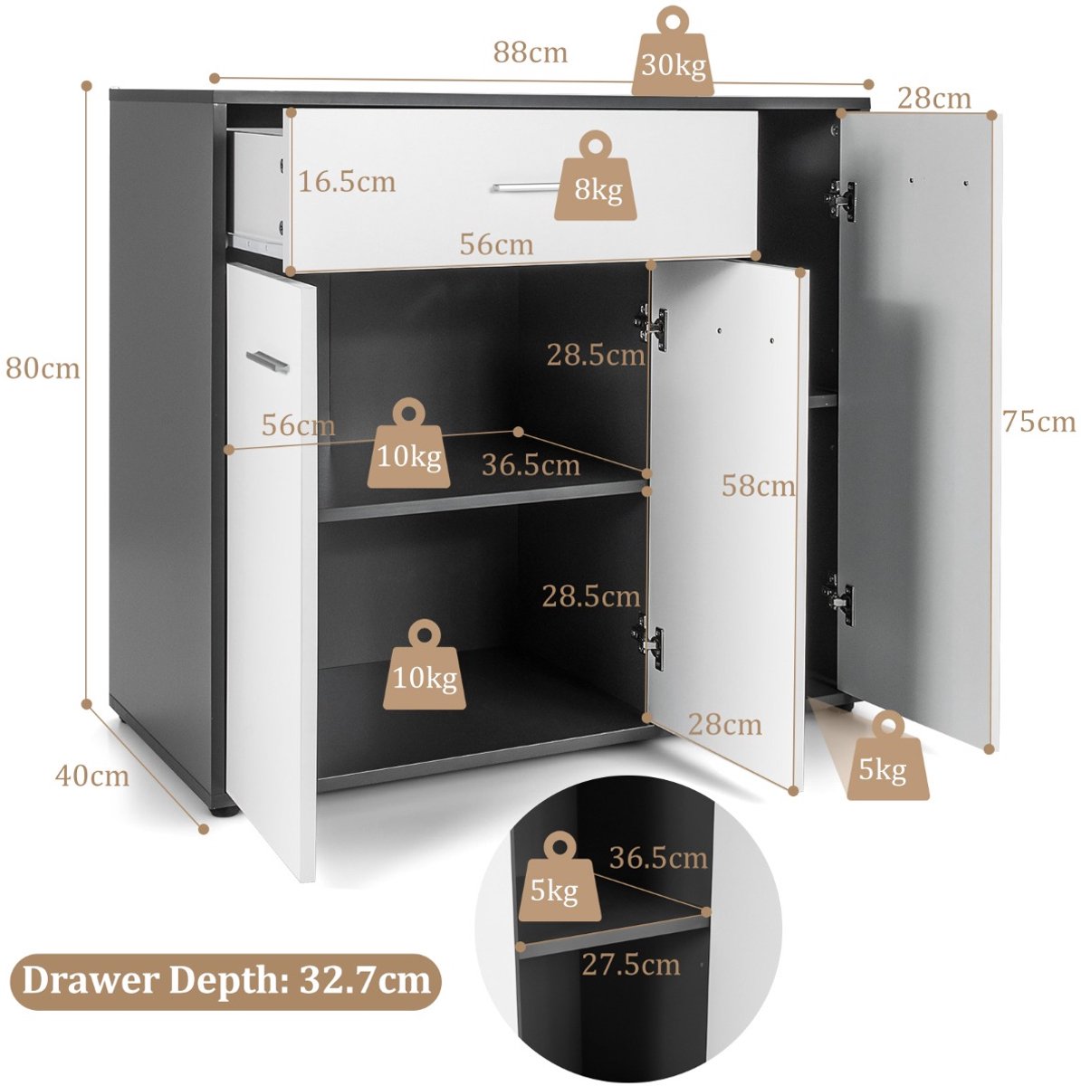 SureDeal® - Dressoir - Opbergkast - Keukenkast - Design - 88x40x80 cm - Kast - Keuken - Salontafel - Woonkamer
