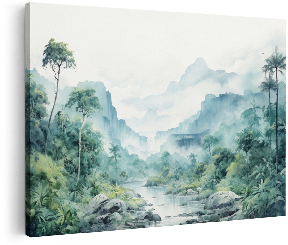 Artaza Canvas Schilderij Junglelandschap - 150x100 cm - Groot - Wanddecoratie Natuur - Muurdecoratie Bergen - Schilderijen Op Canvas Rivier