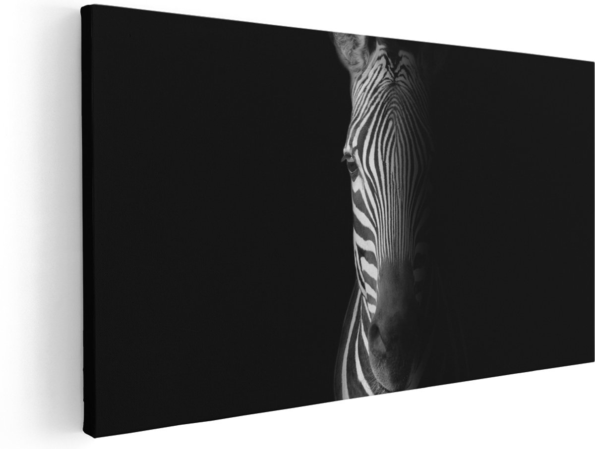 Artaza Canvas Schilderij Halve Zebra - Zwart Wit - 140x70 cm - Groot - Wanddecoratie Woonkamer - Schilderijen - Muurdecoratie