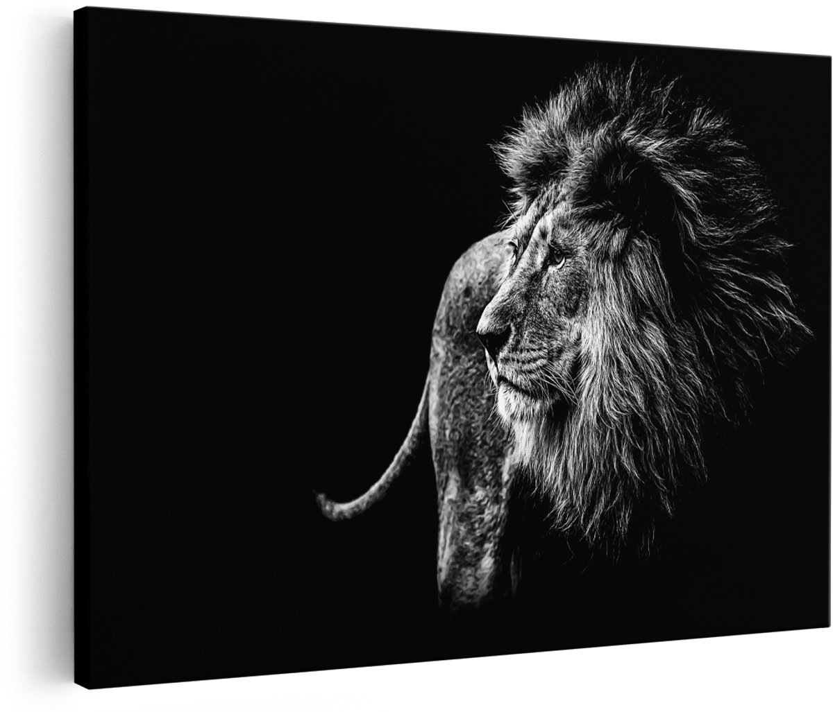 Artaza Canvas Schilderij Harige Leeuwenkop - Leeuw - Zwart Wit - 150x100 cm - Groot - Foto Op Canvas - Wanddecoratie Woonkamer