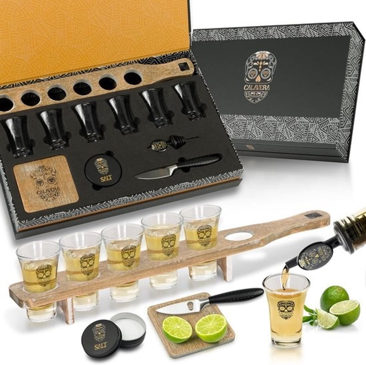 Tequila Shot Set met 6 Glazen, Serving Tray, Snijplank en Tillbehoren