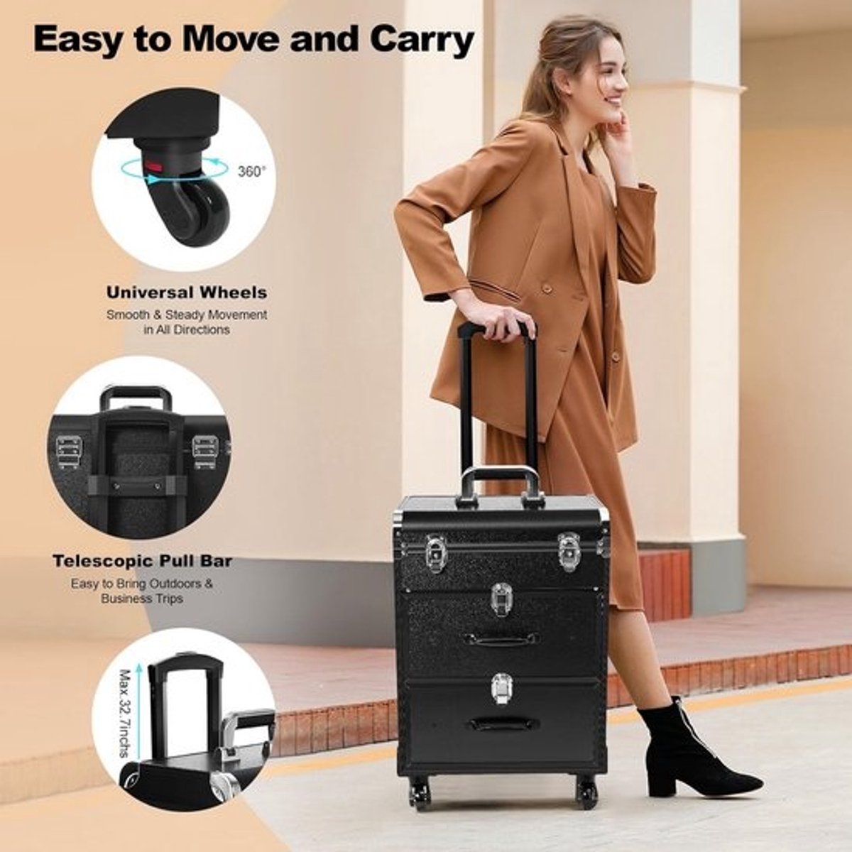 Professionele Cosmetic Suitcase Trolley - Grote Make-up Koffer met Lades en Slot - 360° Roterende Wielen - 58 cm Hoog - Zwart