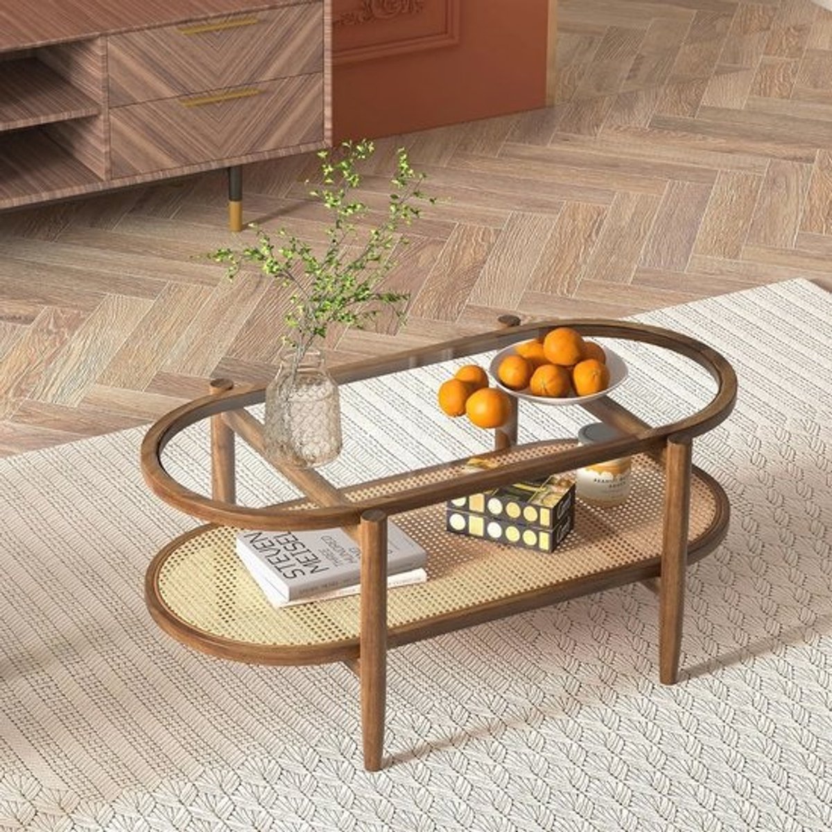 Ovale salontafel van massief hout met glasplaat en rotan plank, rustieke koffietafel voor woonkamer, 102 x 56 x 47 cm
