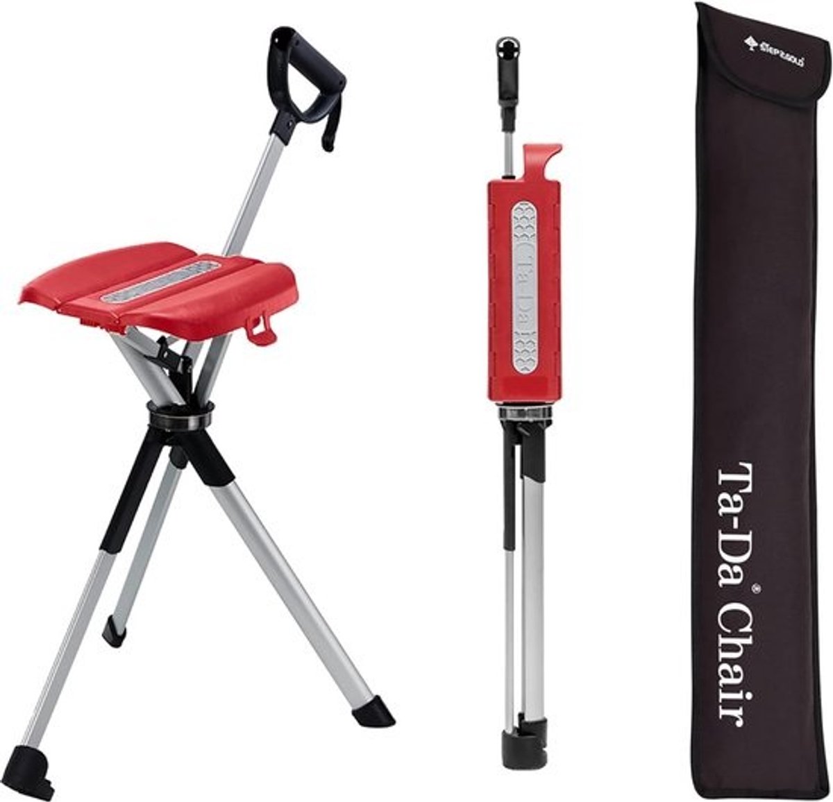 Wandelstok met zitje - Klapkruk opvouwbaar - Onderweg rusten - Lichtgewicht aluminium frame - 87 cm - Rood