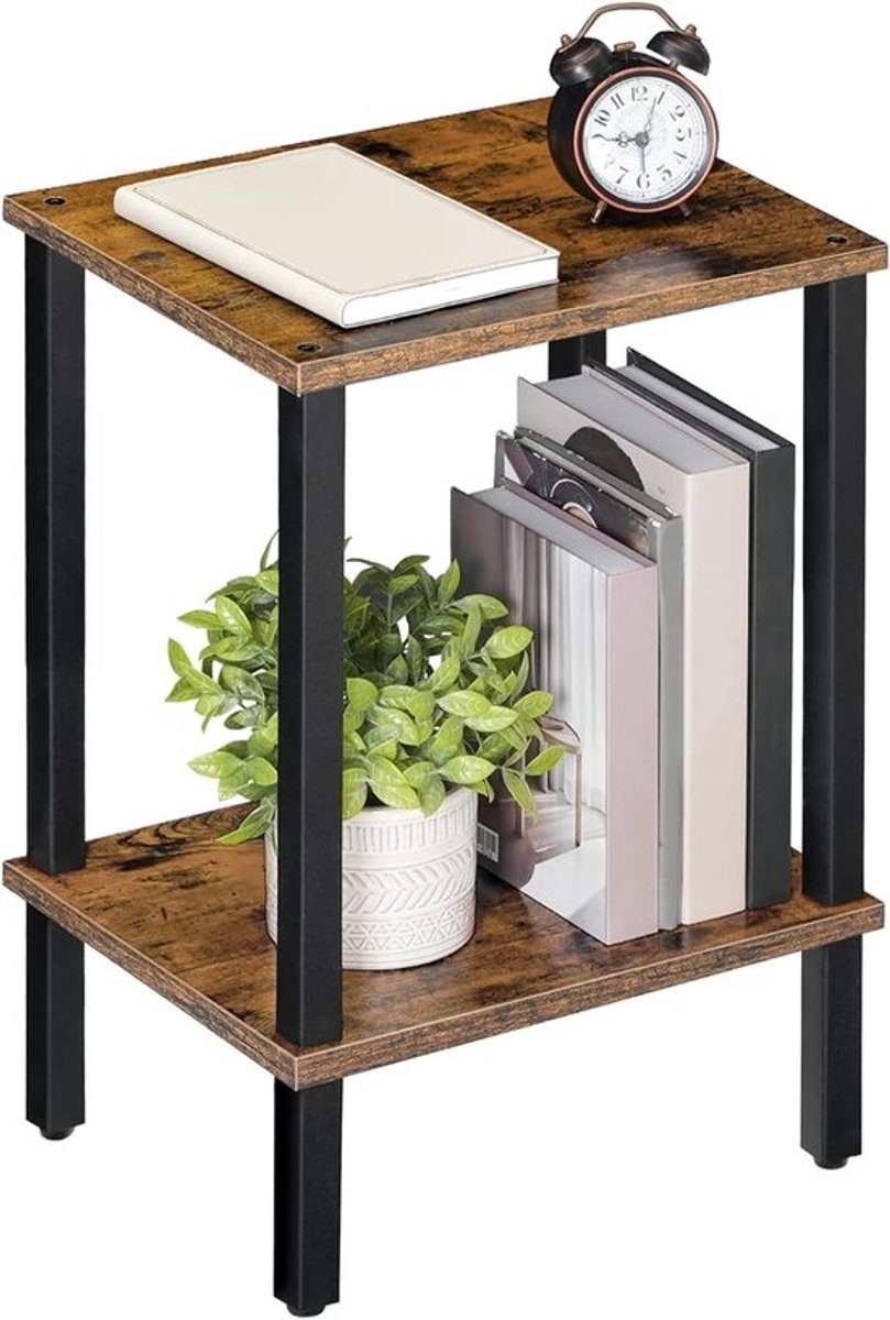 Industriële Bijzettafel met 2 Niveaus – Compacte Slanke Salontafel voor Woonkamer, Slaapkamer en Kantoor