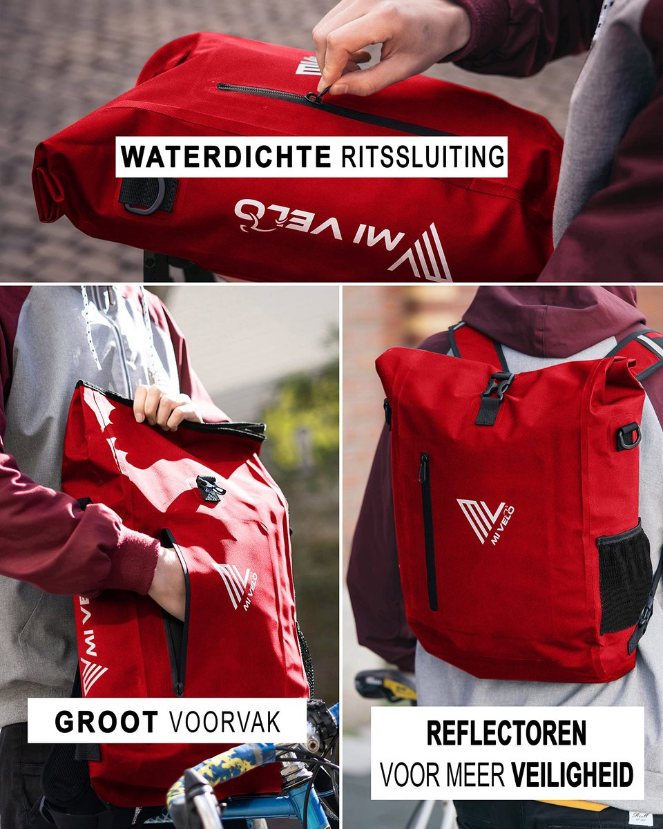 SnelShoppen - 3-in-1 Fietstas Rugzak Schoudertas Waterdicht met Laptopvak 20L Rood voor Fiets Bagagedrager en Vrije Tijd
