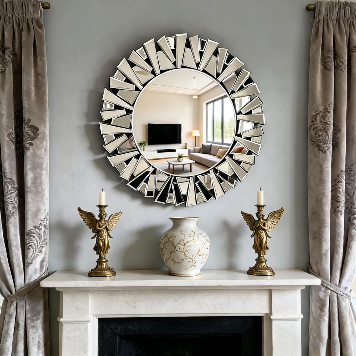 SnelShoppen - Ronde Decoratieve Wandspiegel 80x80 cm - HD Zilver Glas - Zondesign - Metalen Haken - Badkamerspiegel voor Badkamer, Woonkamer en Slaapk