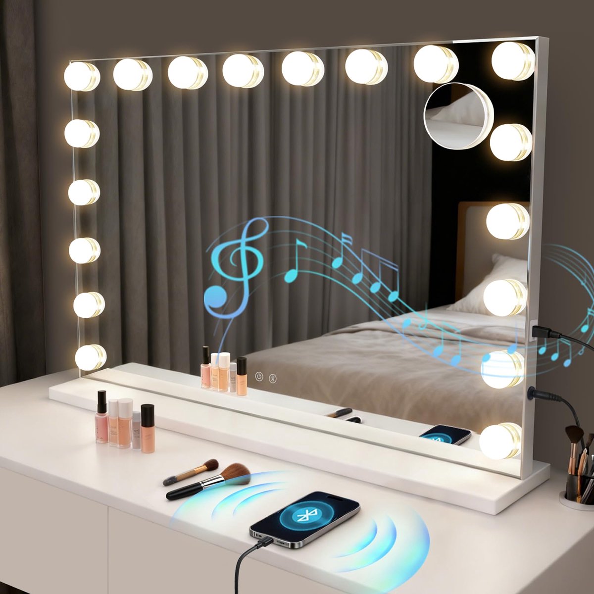 SnelShoppen - Mursche Make-upspiegel met Verlichting, Hollywood Tafelspiegel, Bluetooth Vanity Mirror met 18 Grote Lichten, 3 Modi, Muziekfunctie, Tou