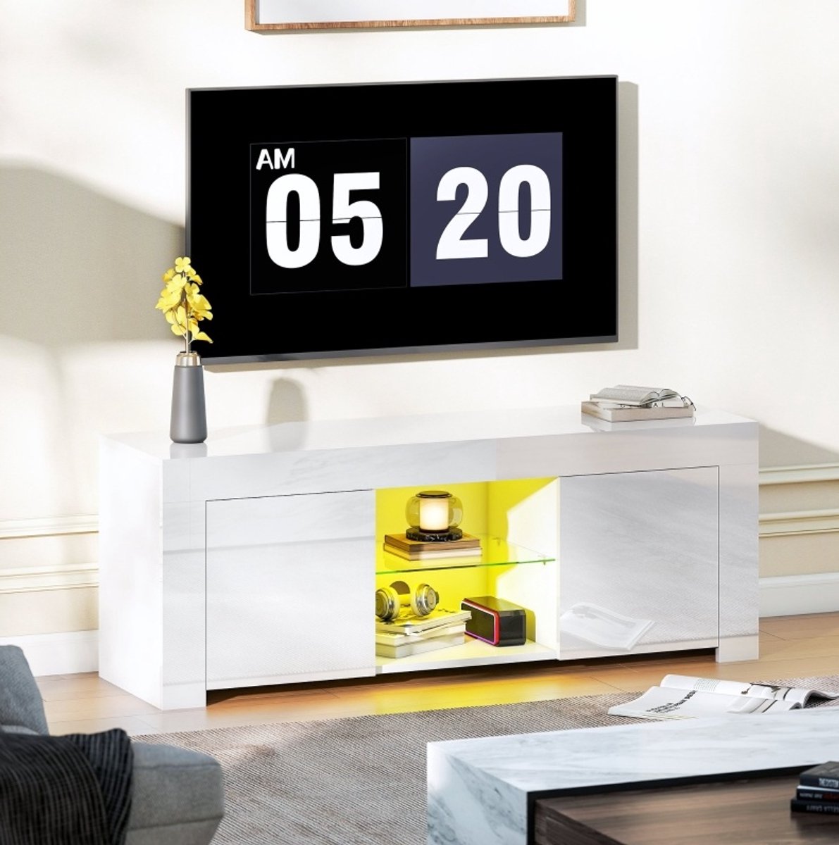 TV Meubel - LED Verlichting Met Glasplank En 2 Deuren - Modern Voor Woonkamer En Tv Hoek - Spaanplaat - Wit - 120 X 34 X 45 Cm