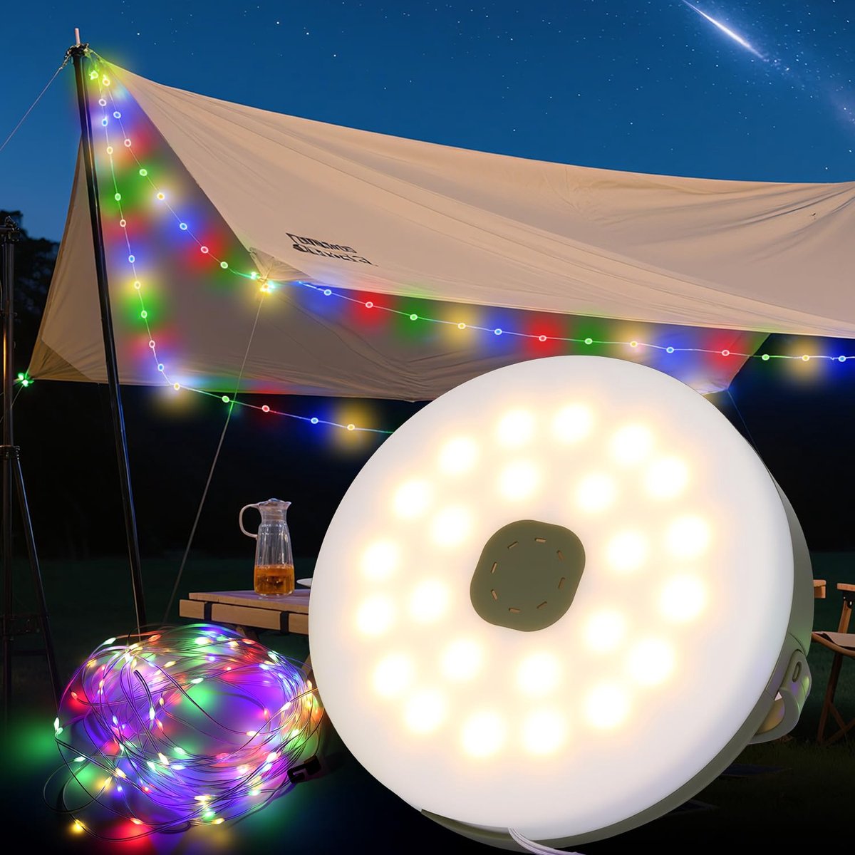 SnelShoppen - Lam(MS) pen Camping Lichtenslinger 10m Oprolbaar Draagbaar Waterdicht Outdoor Licht Slinger Dimbaar Oplaadbaar via USB met 8 Verlichting
