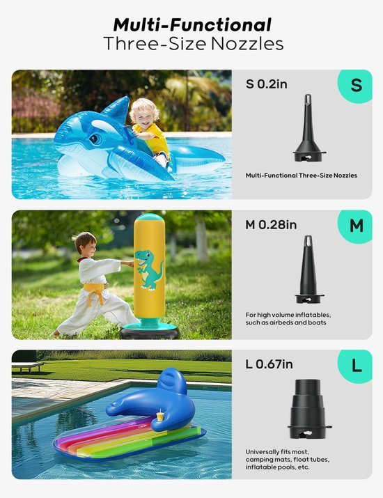 SnelShoppen - Elektrische Luchtpomp Oplaadbaar, Quick-Fill Inflator Deflator met 3 Spruiten voor Camping, Isomat, Luchtmatras, Rubberboot en Meer van Snelshoppen — afbeelding 4