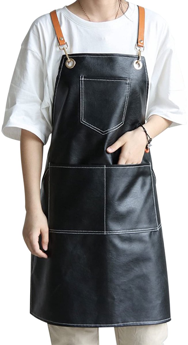 SnelShoppen - Retro Lederen PU Keukenschort Unisex Crossback met 5 Zakken - Verstelbare Waterdichte Schort voor Mannen en Vrouwen, Perfect voor Koken,