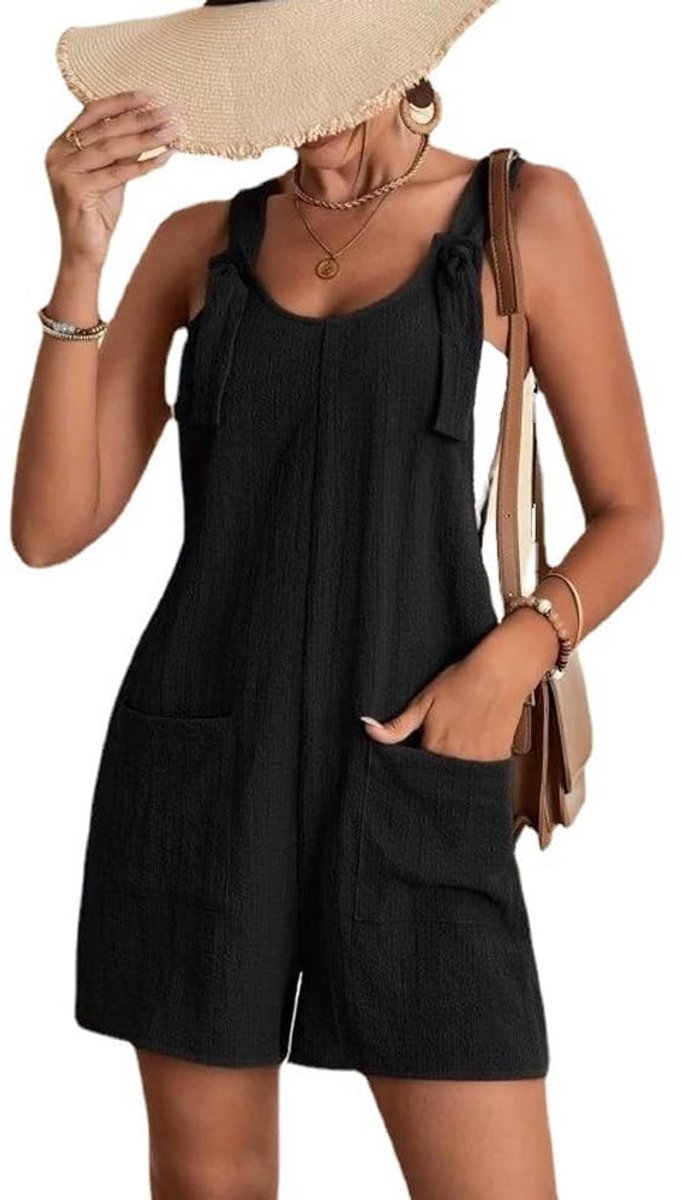 SnelShoppen - Dames Jumpsuit Zwart Korte Wijde Pijpen Casual Elegante Romper met Zakken M - Perfect voor Zomer Feest, Strand of Dagelijks Gebruik