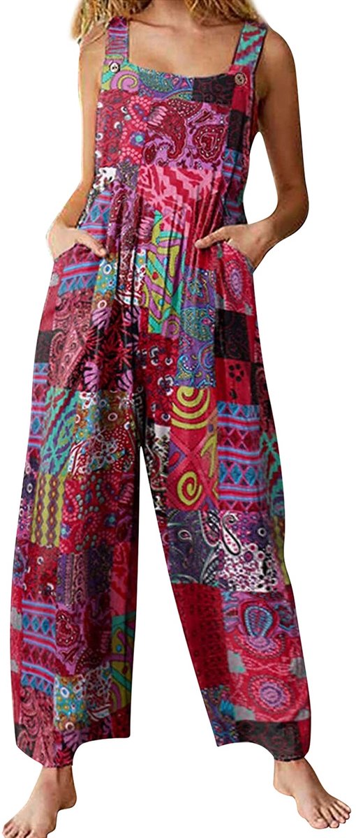 SnelShoppen - Tuinbroek dames vintage bloemenprint, losse casual baggy mouwloze overall lange jumpsuit playsuit romper A-rood maat L voor tuin, feest