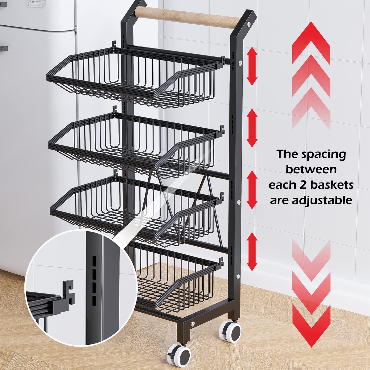 SnelShoppen - Groenterek voor Keuken, Stapelbare Fruitmand, Opbergwagen met Wielen en Houten Handvat, Zwart, Perfect voor Keuken, Badkamer en Kantoor