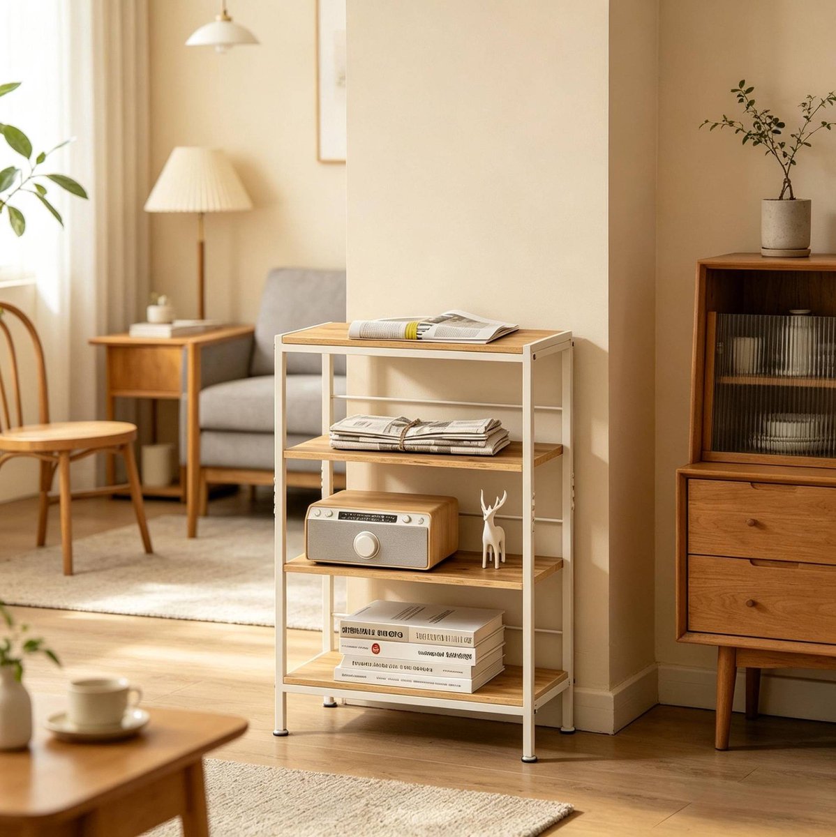 FloraGrace Boekenkast – 50 x 20 x 78 cm – 4 Open Niveaus – MDF En Metaal – Wit En Licht Eiken – Smalle Opbergkast Voor Kleine Ruimtes